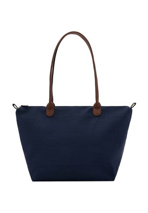 Grand sac cabas bleu marine avec une large base et des bretelles en cuir marron, avec une fermeture éclair en haut et des boucles latérales.