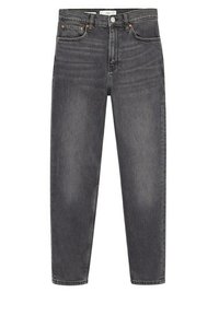 Jeans de tiro alto y pierna recta en denim gris oscuro. Cuenta con presillas para cinturón, un cierre frontal con botón y dos bolsillos frontales con costuras sutiles.