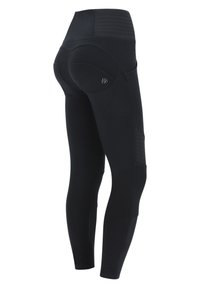 Leggings neri con vita alta, fascia in vita testurizzata e tasche laterali. Tessuto liscio con cuciture sagomate e dettaglio del logo.