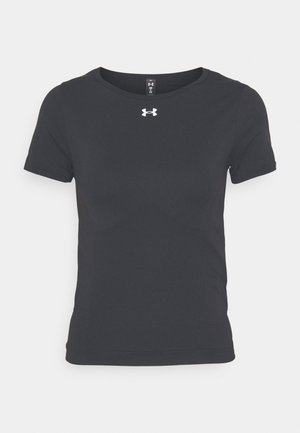 Črna kratkotrajna športna majica z odtisom iz lahkega materiala, z okroglo ovratnico in logotipom Under Armour na prsih.