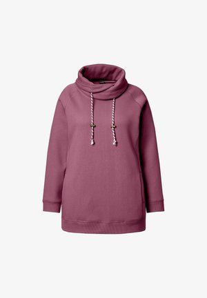 Paarse trui met een kraag, voorzien van witte trekkoorden met koordaccenten en ribgebreide manchetten. Zachte, gestructureerde stof met een ontspannen pasvorm.