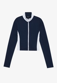 Skraćena zip jakna u tamnoplavoj i bijeloj boji, s dugim rukavima, visokim ovratnikom i kontrastnim bočnim panelima. Izrađena od teksturirane tkanine.