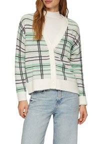 Leichter Strickcardigan mit einem grün, schwarz und weiß karierten Muster. Mit V-Ausschnitt, Knöpfen sowie gerippten Bündchen und Saum.