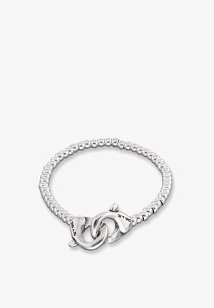 Bracelet en argent avec un design perl9 et un fermoir compose9 de deux e9le9ments entrelace9s. Texture lisse et fini poli.