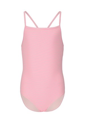Roze-wit horizontaal gestreept badpak met dunne schouderbandjes op een witte achtergrond.