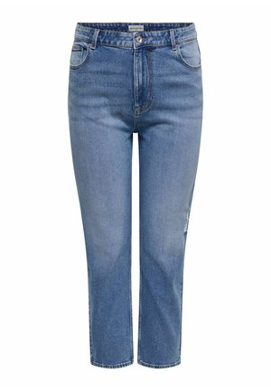 Jeans di denim blu a vita alta con chiusura a bottone e zip, tasche davanti e dietro e vestibilità a gamba dritta.