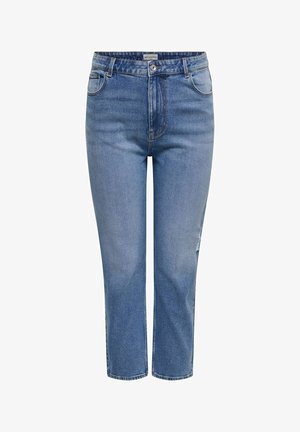 Vaqueros de mezclilla azul con talle alto, cierre de botón y cremallera, bolsillos delanteros y traseros, y corte de pierna recta.