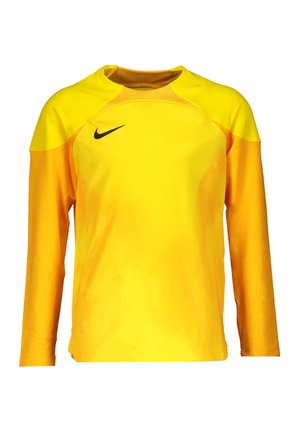 Langärmliges, gelbes Sportshirt mit schwarzem Nike-Logo, glatte Textur, Rundhalsausschnitt und verstärkten Schultern für Langlebigkeit.
