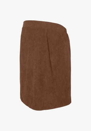 Jupe en velours côtelé marron, longueur genoux, avec une taille élastique, un tissu à texture douce et un léger plissé sur le côté avant droit.