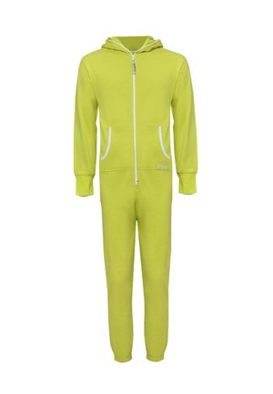 Tuta verde con zip anteriore, dettagli bianchi, cappuccio e due tasche frontali; realizzata in materiale morbido ed elastico.