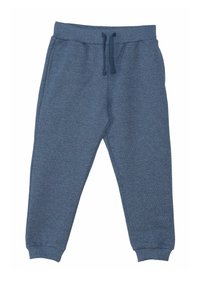 Pantaloni da tuta blu in cotone con vita elastica e cordino, dotati di polsini a costine e una finitura morbida e testurizzata.
