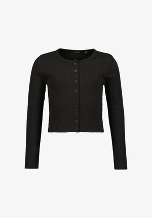 Mustat lyhyet neuletakit, joissa on tekstuuripinta, pyöreä pääntie, pitkät hihat ja seitsemän etunappia.