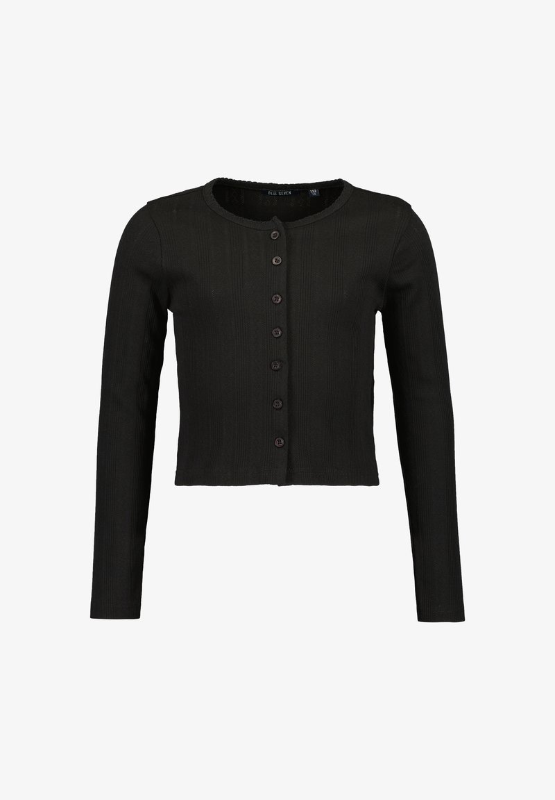 Czarny krótkie kardigan wykonany z teksturowanej tkaniny, z okrągłym dekoltem, długimi rękawami oraz siedmioma guzikami z przodu.
