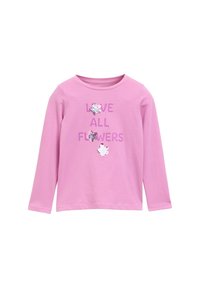Langarm-Pink-T-Shirt aus Baumwolle mit dem Schriftzug "LOVE ALL FLOWERS" und drei Paillettenblumen-Applikationen.