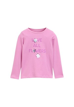 Langarm-Pink-T-Shirt aus Baumwolle mit dem Schriftzug "LOVE ALL FLOWERS" und drei Paillettenblumen-Applikationen.