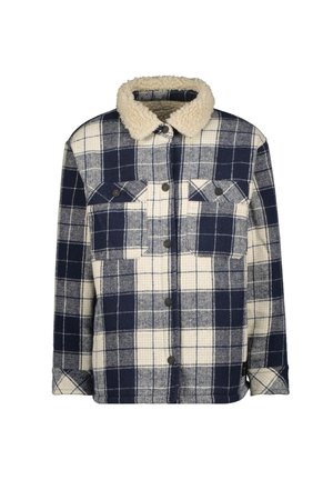 Veste à carreaux bleue et blanche avec fermeture par boutons, deux poches poitrine boutonnées et un col beige doublé sherpa.