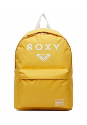 Gul rygsæk med lynlåslomme foran, hvid "ROXY" tekst og logo øverst samt en hvid bærehåndtag i midten øverst.