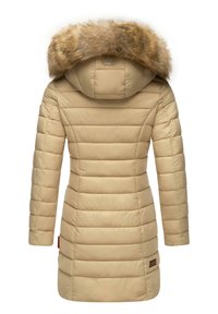 Beige puffer coat with a fur-lined hood. Features stitched panels and a logo tag on the lower left side. Smooth, shiny texture.