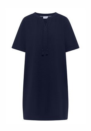 Navy blauwe jurk met korte mouwen van getextureerde stof en een ronde halslijn met een keyhole aan de voorkant en gevlochten kwastlinten.