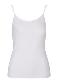 White camisole top with thin adjustable straps, featuring a smooth, lightweight fabric and a fitted design. No patterns or embellishments.