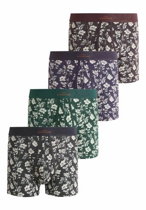 Štyri páry pánskych boxeriek v čiernej, zelenej, námorníckej modrej a bordovej farbe, každá so zelenými kvetinovými vzormi a pásom s logom značky.
