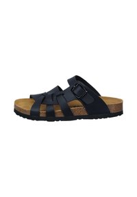 Black synthetic sandals featuring an open design, multiple crisscross straps, adjustable buckle, cork footbed, and rubber sole.