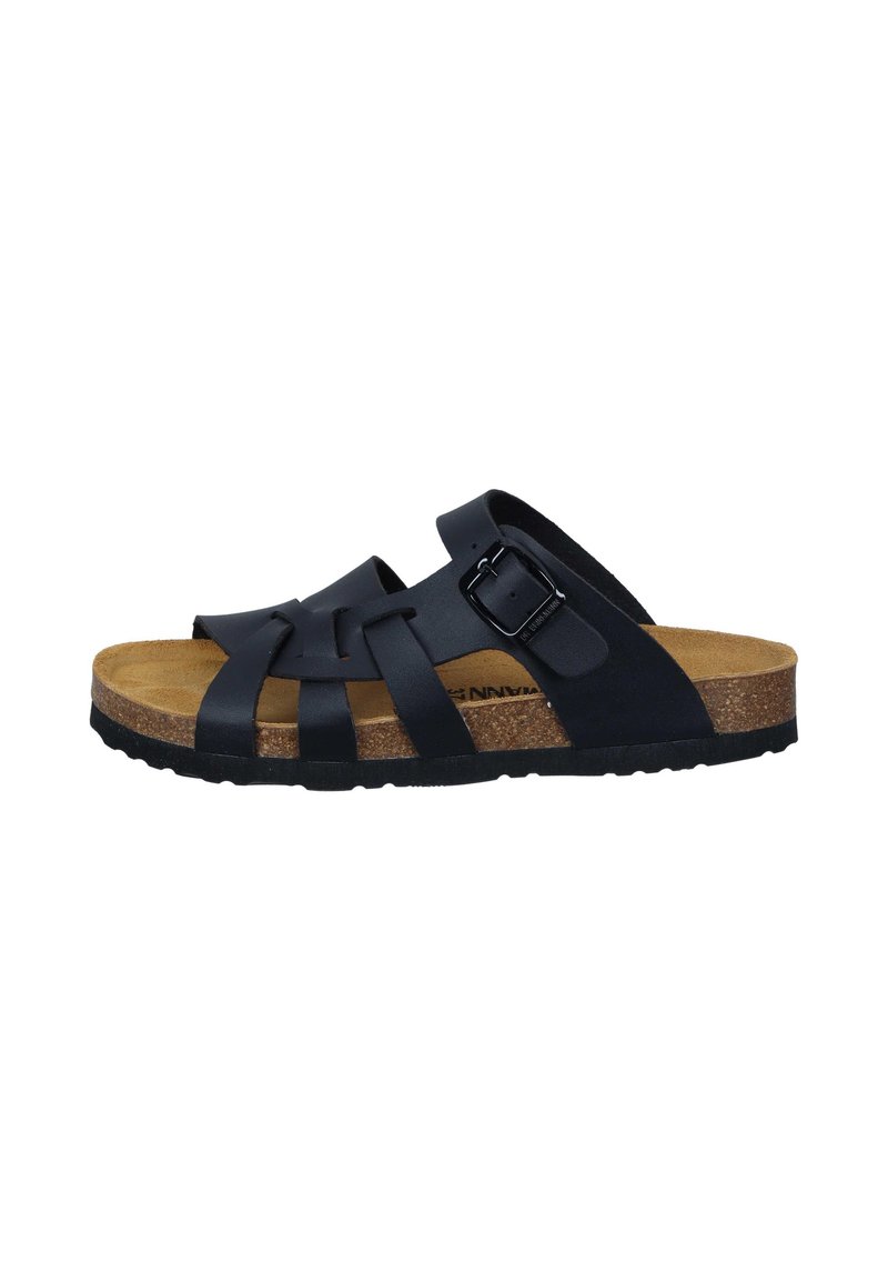 Black synthetic sandals featuring an open design, multiple crisscross straps, adjustable buckle, cork footbed, and rubber sole.