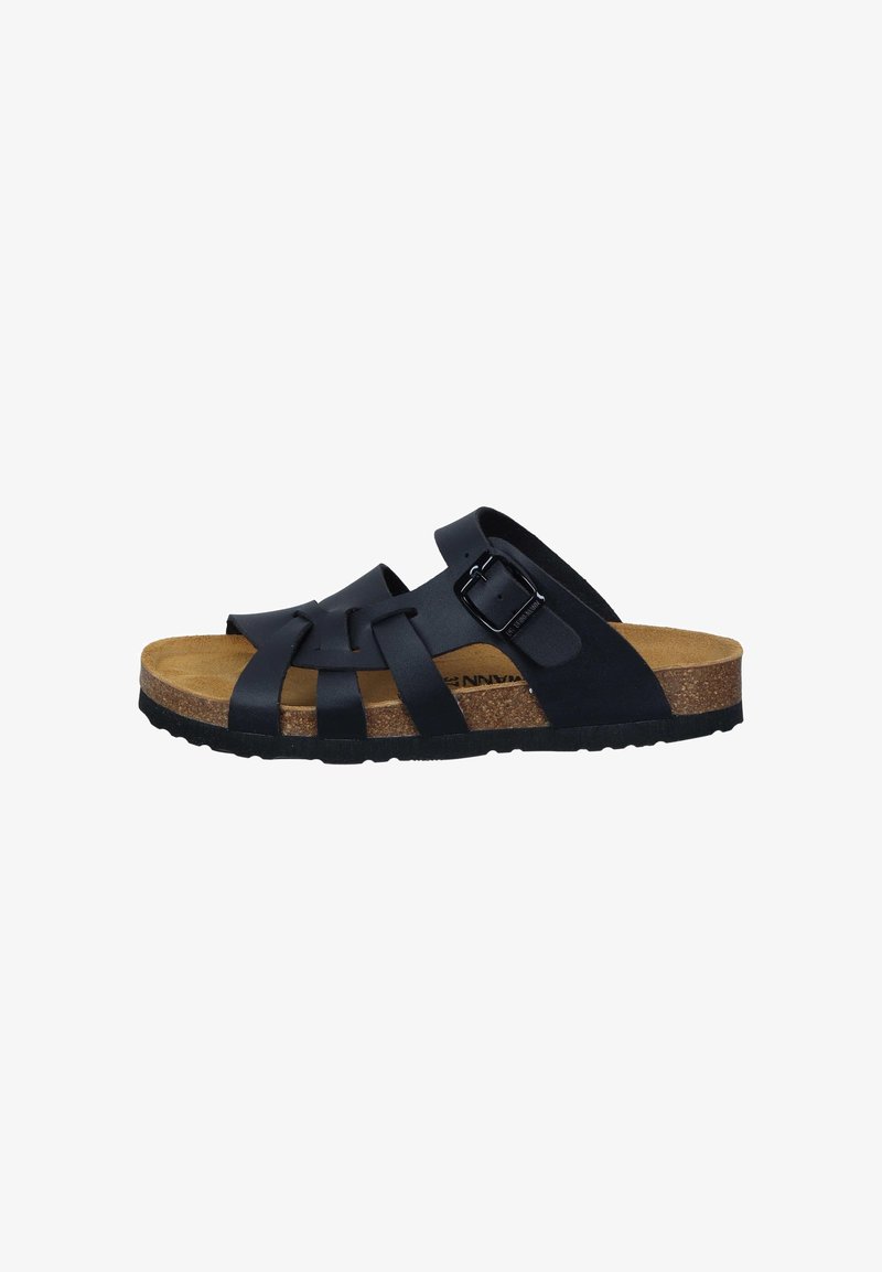 Schwarze synthetische Sandalen mit offenem Design, mehreren überkreuzten Riemen, verstellbarem Schnallenverschluss, Korkfußbett und Gummisohle.