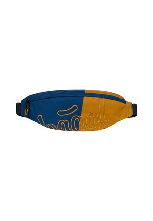 Bauchtasche aus blauen und senfgelben Canvas mit bestickten Details. Verfügt über einen Reißverschluss und einen verstellbaren schwarzen Riemen.