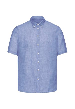 Chemise en lin bleu clair à manches courtes avec col boutonné et boutons blancs sur le devant au centre.