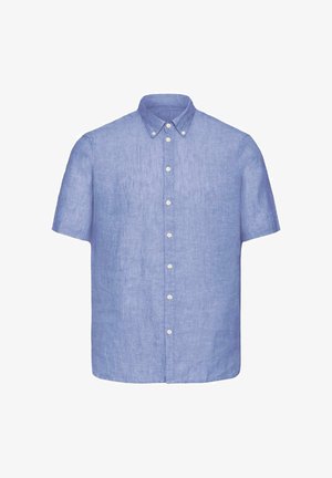 Világoskék, rövid ujjú lenvászon ing gombos gallérral és fehér gombokkal az elülső középső részen.