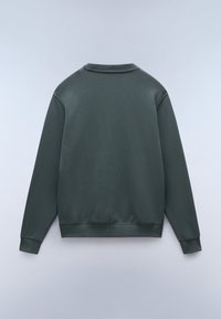 Donkergroene sweatshirt met een ronde hals, geribde manchetten en zoom, met een gladde textuur en een eenvoudig, strak ontwerp.