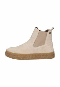 Bottines en suédine beige clair avec des panneaux latéraux élastiques, une semelle en caoutchouc texturée et une petite languette à l'arrière pour un enfilage facile.