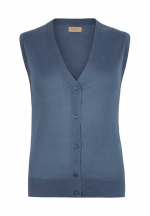 Ærmeløs blå cardigan med V-hals, ribbet struktur og seks knapper foran. Blødt stof, diskret detaljering i kanterne.