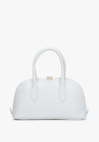 Witte leren handtas met afgeronde vorm, dubbele handvatten en goudkleurige ritsbeslag. Gelaagde oppervlakte met minimale details.