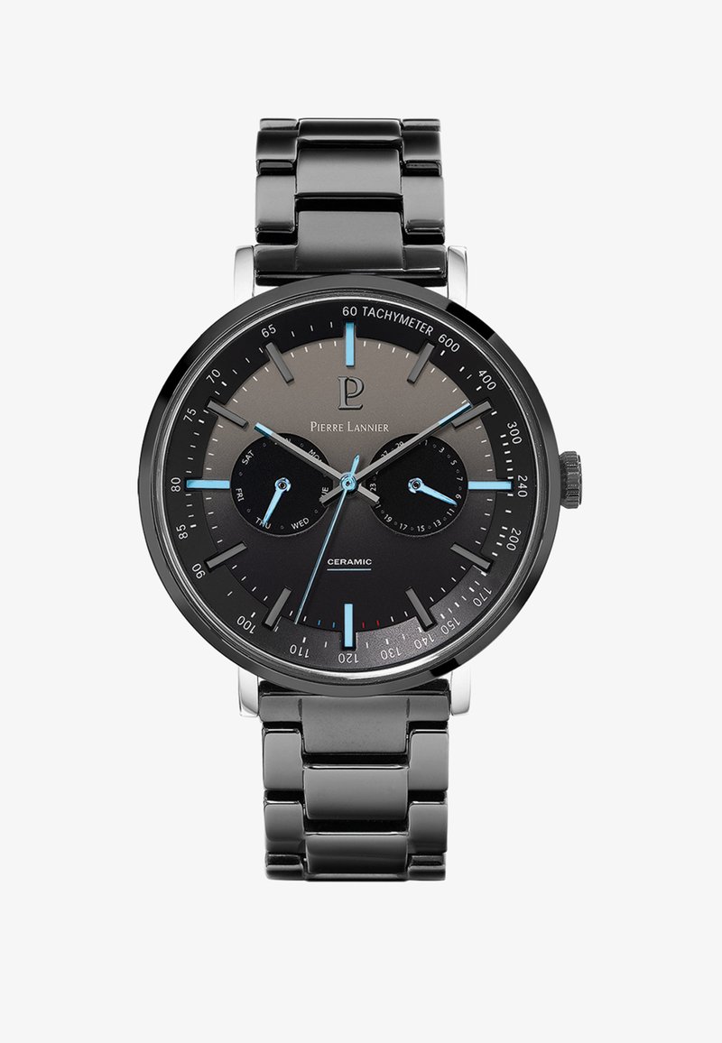 Melna keramikas pulksteņi ar nerūsējošā tērauda siksnu, pelēkā gradienta ciparnīca, zili akcenti, tachimetriskā mērogošana un divi subciparnīcas datuma rādīšanai.