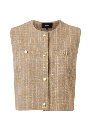 Beige tweed vest met een hoge hals, gouden knopen en twee borstzakken. Gestructureerde stof met een subtiel ruitpatroon.