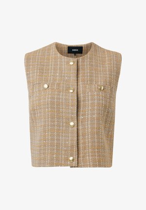 Beige Tweed-Weste mit hohem Kragen, goldfarbenen Knöpfen und zwei Brusttaschen. Der strukturierte Stoff weist ein feines Karomuster auf.