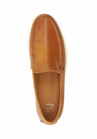 Brown leather slip-on shoe with stitching details around the top, white rubber sole, and smooth texture. Interior lining is tan.