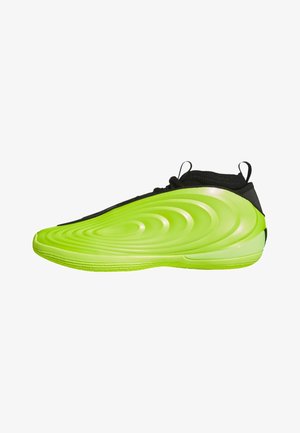 Futuristischer neon-grüner und schwarzer Sportschuh mit glatter, wellenförmiger Struktur an der Seite und hohem Schaft mit Zuglaschen.