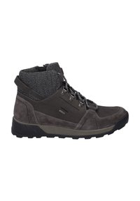 Botas tobilleras de color gris oscuro con parte superior de ante y tela, suela de goma, diseño de cordones, talón reforzado y cuello texturizado para mayor soporte.