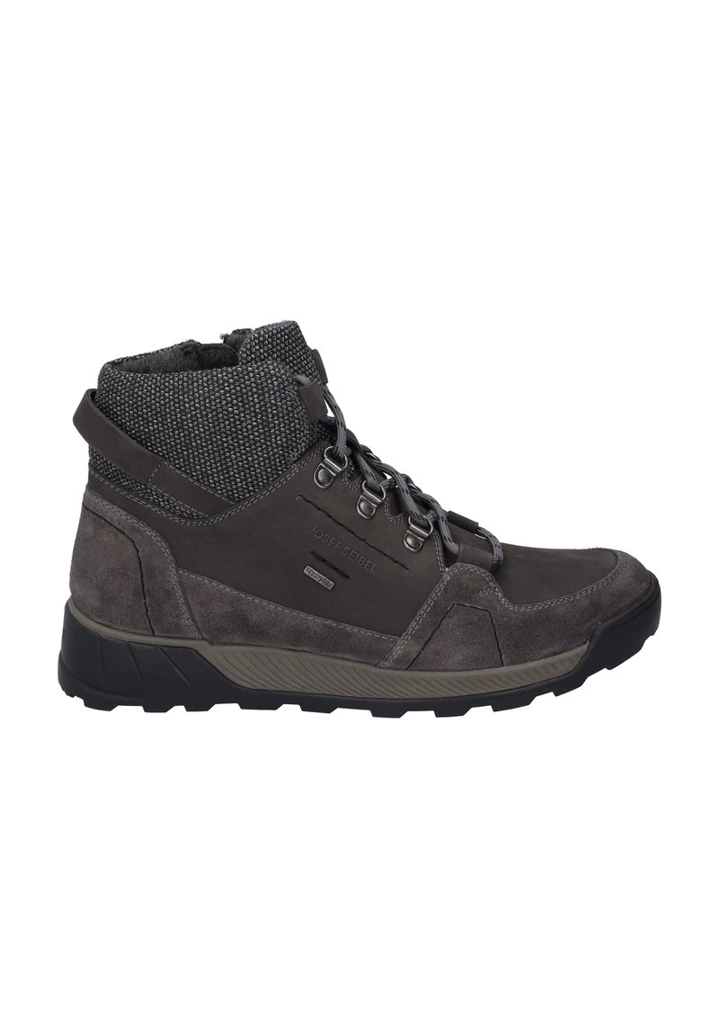 Botas tobilleras de color gris oscuro con parte superior de ante y tela, suela de goma, diseño de cordones, talón reforzado y cuello texturizado para mayor soporte.