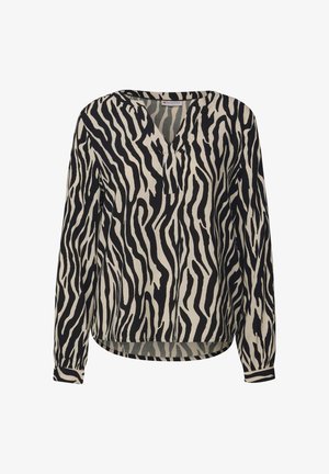 Blusa a maniche lunghe nera e crema con motivo a strisce di zebra. Presenta un profondo scollo a V e un orlo dritto con aperture laterali.