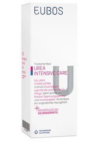White box packaging for EUBOS UREA INTENSIVE CARE lotion, featuring blue and pink text. Includes labels for ingredients and usage instructions.