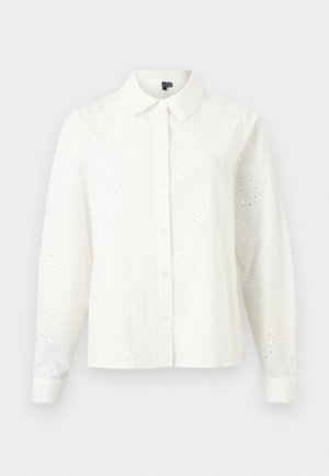 Bluza albă cu mâneci lungi, nasturi și broderie florală tip perforație, cu guler ascuțit.