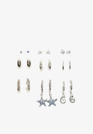 Nine pairs of silver earrings displayed, including studs, hoops, star shapes, and textured designs, with some featuring blue gemstones.