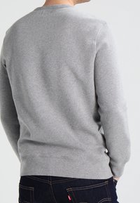 Sweat-shirt en coton gris avec un col rond, des manches longues et des poignets côtelés. Présente une texture lisse et une coupe ajustée à la taille.