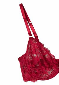 R�öd spetsbralette med justerbara satinband, blommönster, vågiga kanter och mjuk textur. Har en triangulär design.