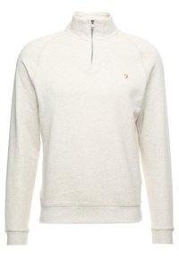 Felpa grigio chiaro con mezza zip sul collo. Realizzata in tessuto morbido, presenta un piccolo logo dorato sul petto sinistro e polsini a costine.