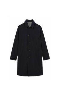Palton negru cu guler, închidere frontală cu butoane, buzunare laterale și mâneci lungi. Textură netedă și design până la genunchi.